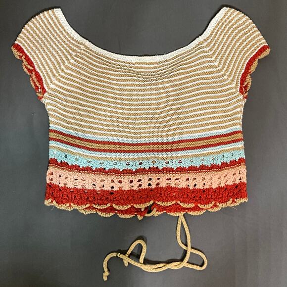 Altard State Sz Small Crochet Crop Pullover Top Tie Front Beige Rust Pink Blue - Picture 2 of 5